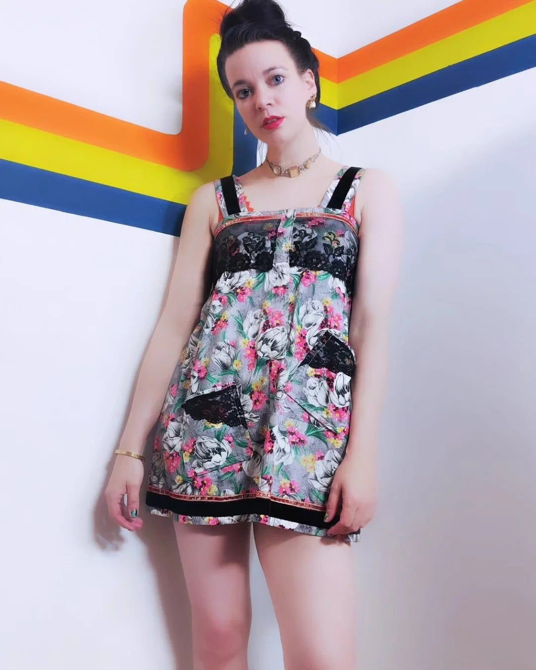 Real Vintage Floral Print Mini Dress with Black Lace Panels & Pockets