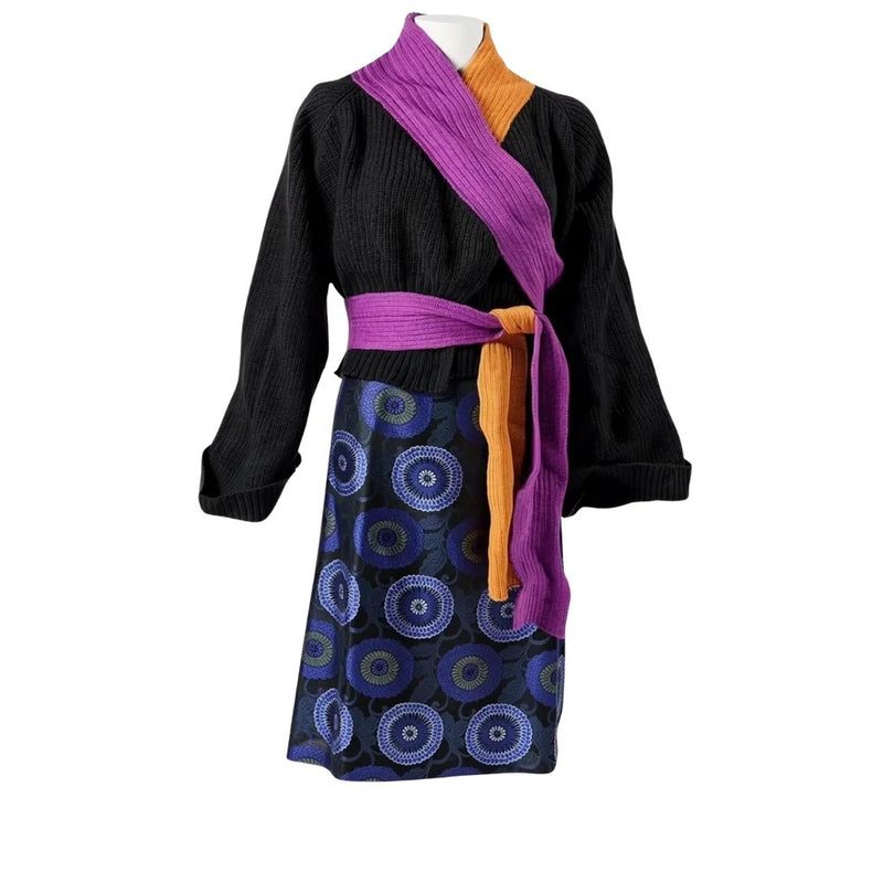 Vintage Color-Block Wrap Top & Blue Pattern Skirt Set